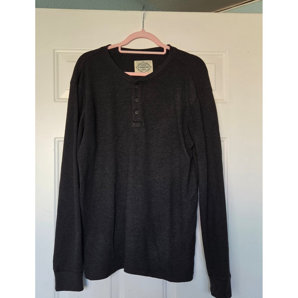St Johns Bay Mens Large Charcoal Gray Waffle Knit Long Sleeve Thermal Henley